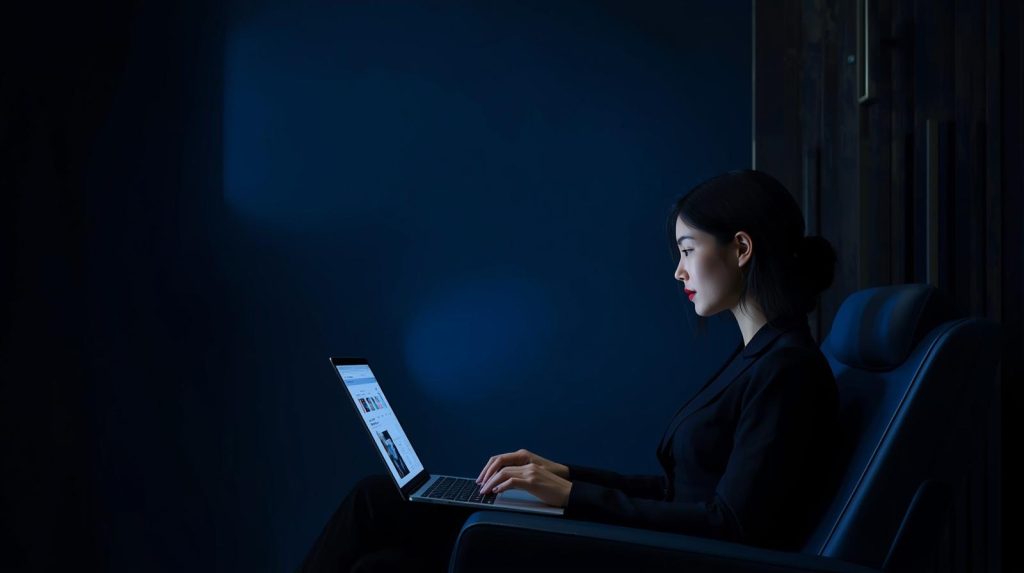 Person working on a laptop in a dark room