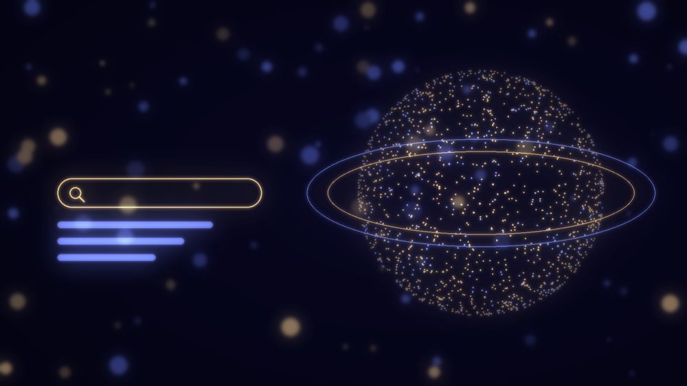 A search bar beside a luminous globe, for family office reputation in AI search