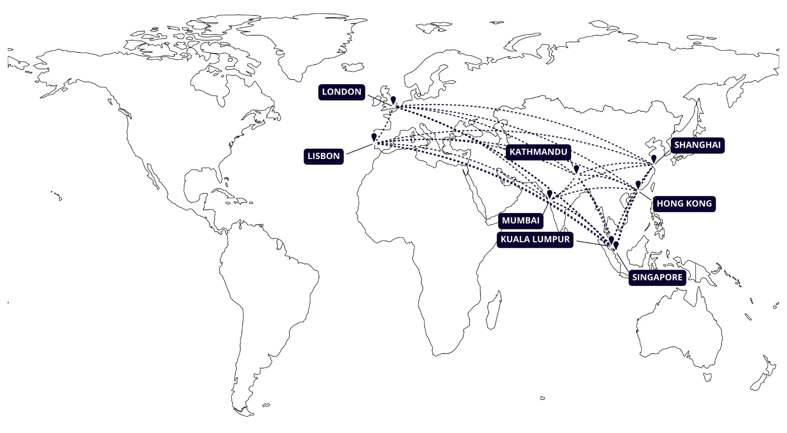 Map of the eight offices of Michael Macfarlane Associates: London, Lisbon, Mumbai, Kathmandu, Kuala Lumpur, Singapore, Hong Kong and Shanghai